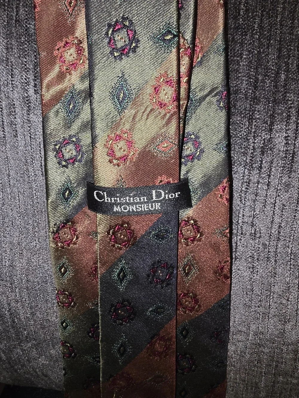 Christian Dior Striped Medallion Silk Tie in Green and Brown